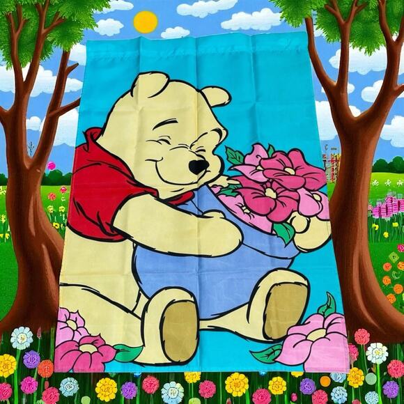 Disney Winnie the Pooh Garden Flag Outdoor Hunny Pot Flower Spring Blue 29 x 42" - Picture 1 of 12